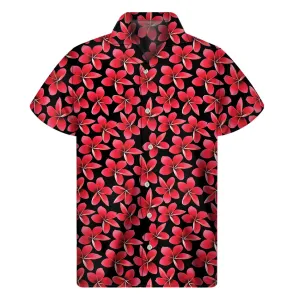 Tropical Vibes: Red and Black Frangipani Pattern Men's Hawaiian Short Sleeve Shirt