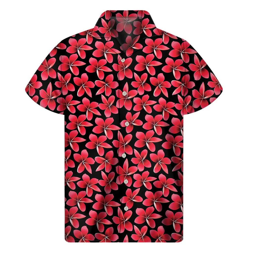 Tropical Vibes: Red and Black Frangipani Pattern Men's Hawaiian Short Sleeve Shirt