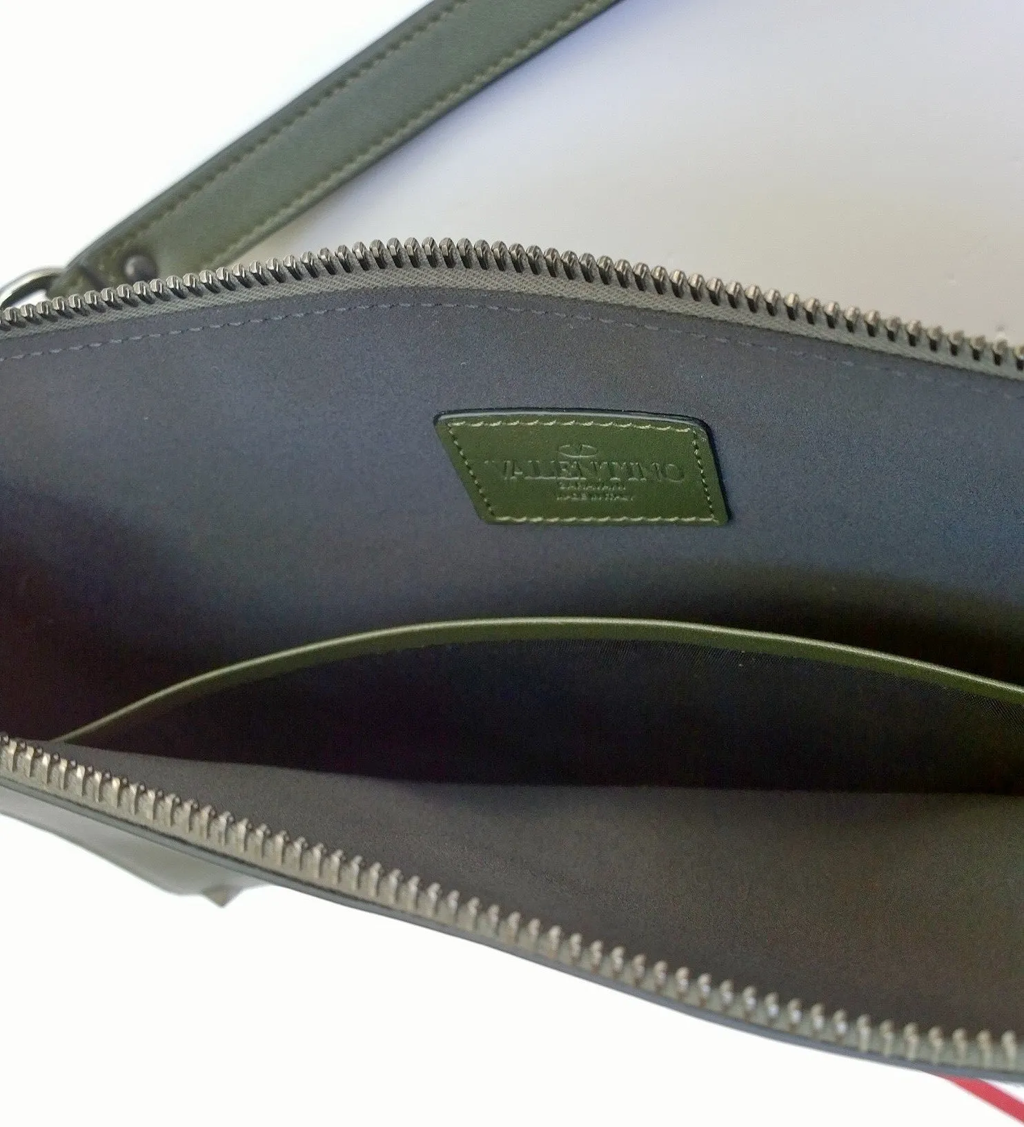 Valentino Garavani Men's Rockstud Clutch Bag in Army Green with Wrist Strap Pouch New