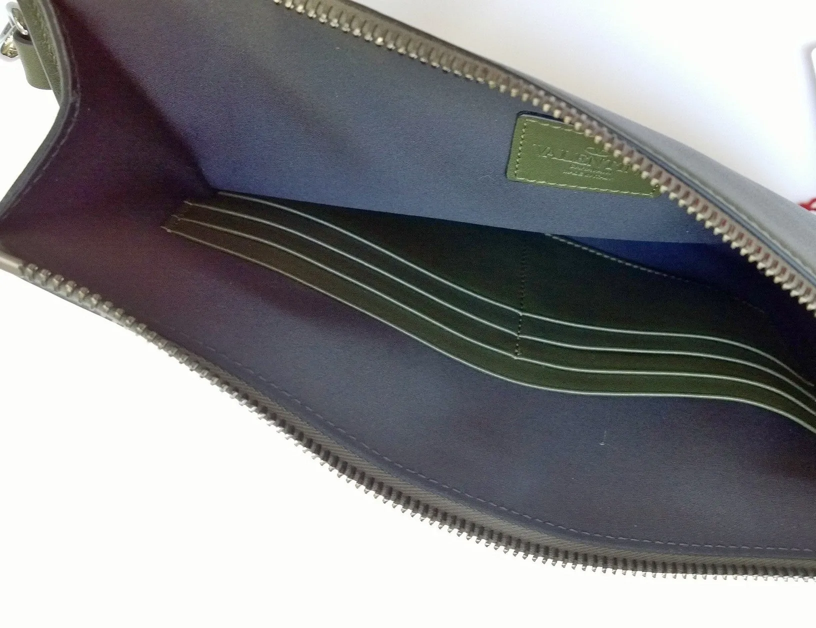 Valentino Garavani Men's Rockstud Clutch Bag in Army Green with Wrist Strap Pouch New