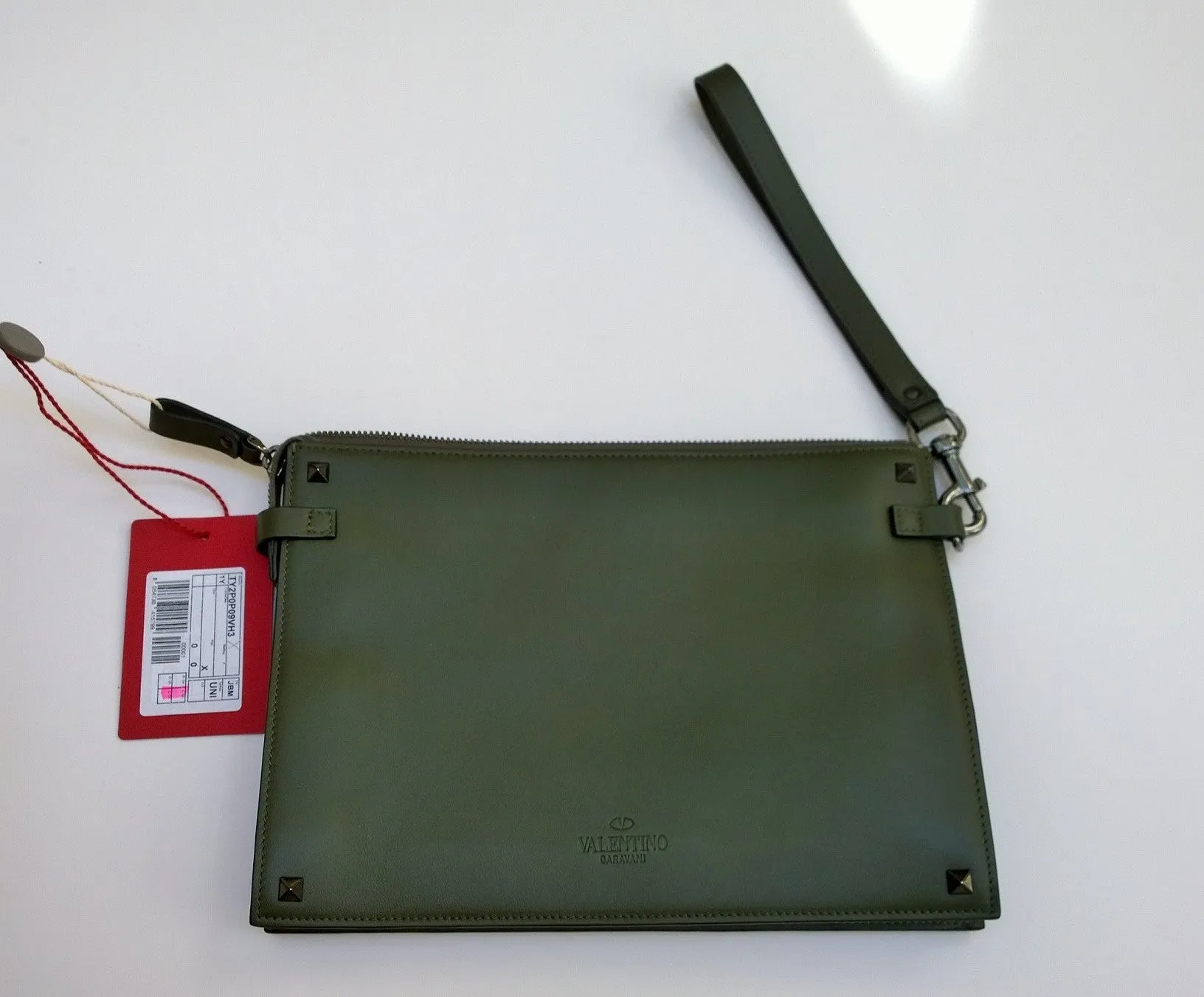 Valentino Garavani Men's Rockstud Clutch Bag in Army Green with Wrist Strap Pouch New