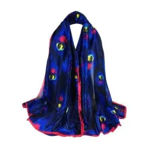 Vintage Peacock Feathers Pattern Embellished Long Sheer Scarf - Royal