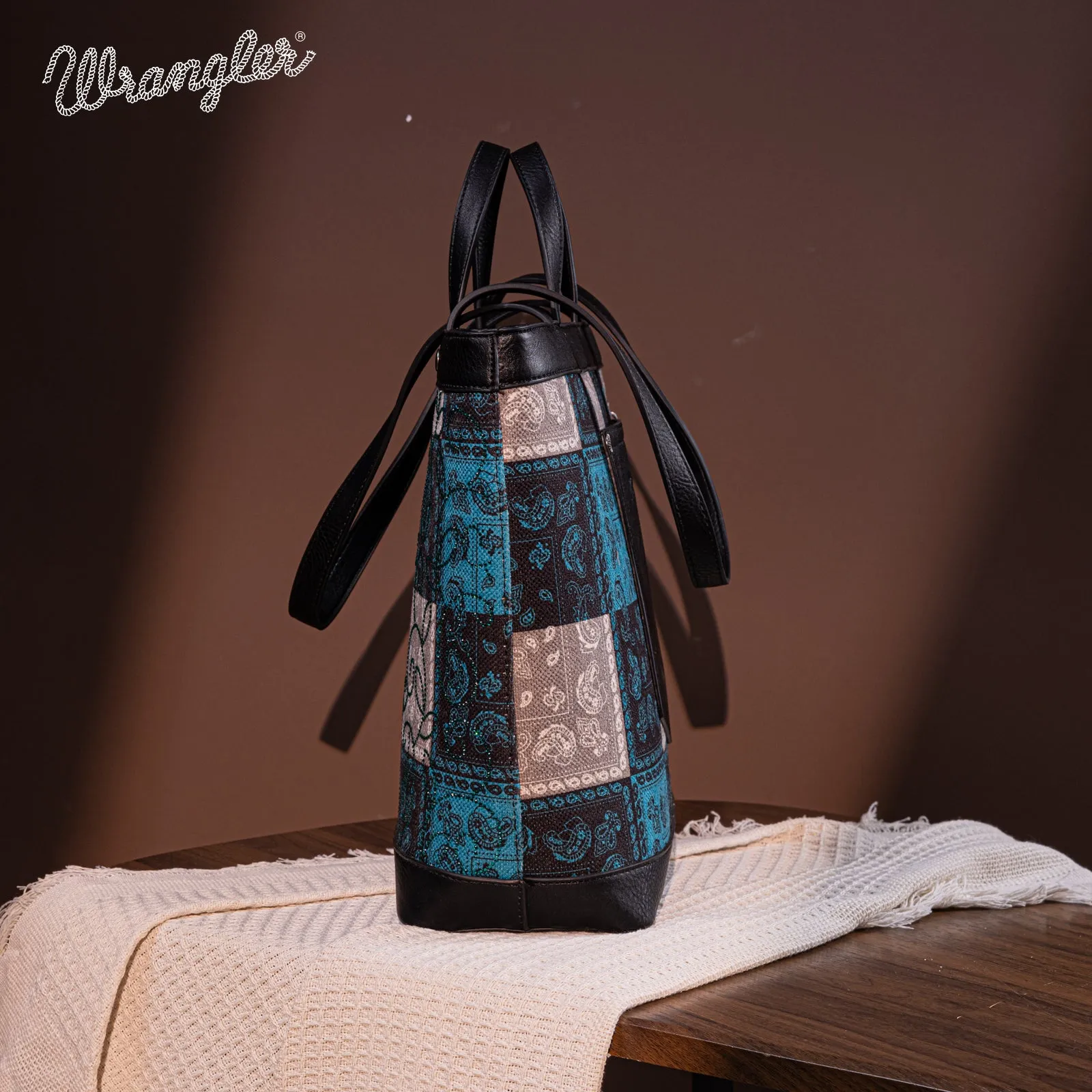 WG138-2002 Wrangler Paisley Pattern Dual Sided Print Tote- Turquoise