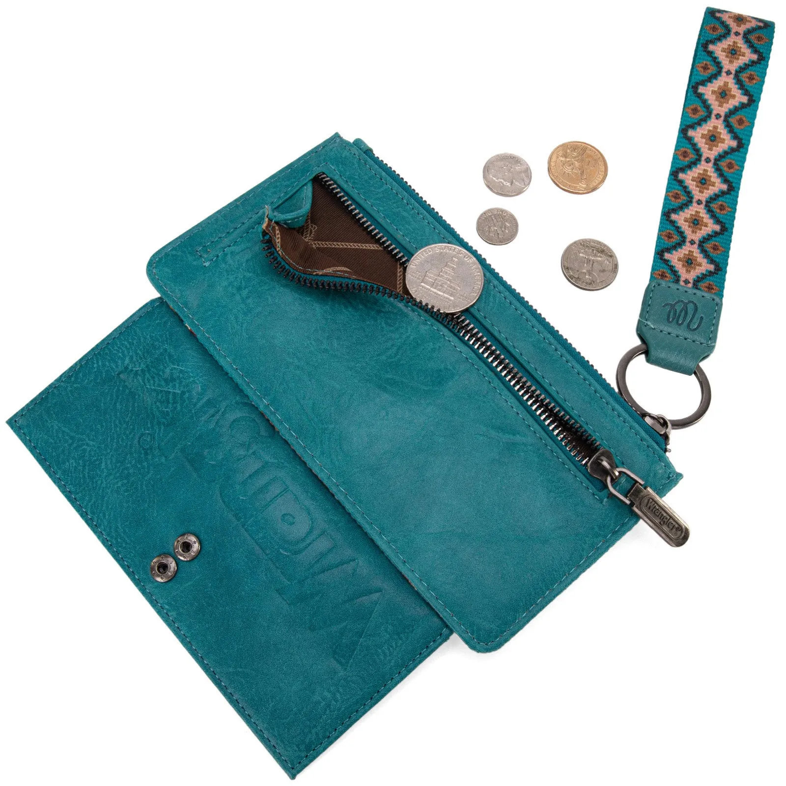 WG139-W013 Wrangler Aztec Print Bi-Fold Wallet Wristlet - Dark Turquoise