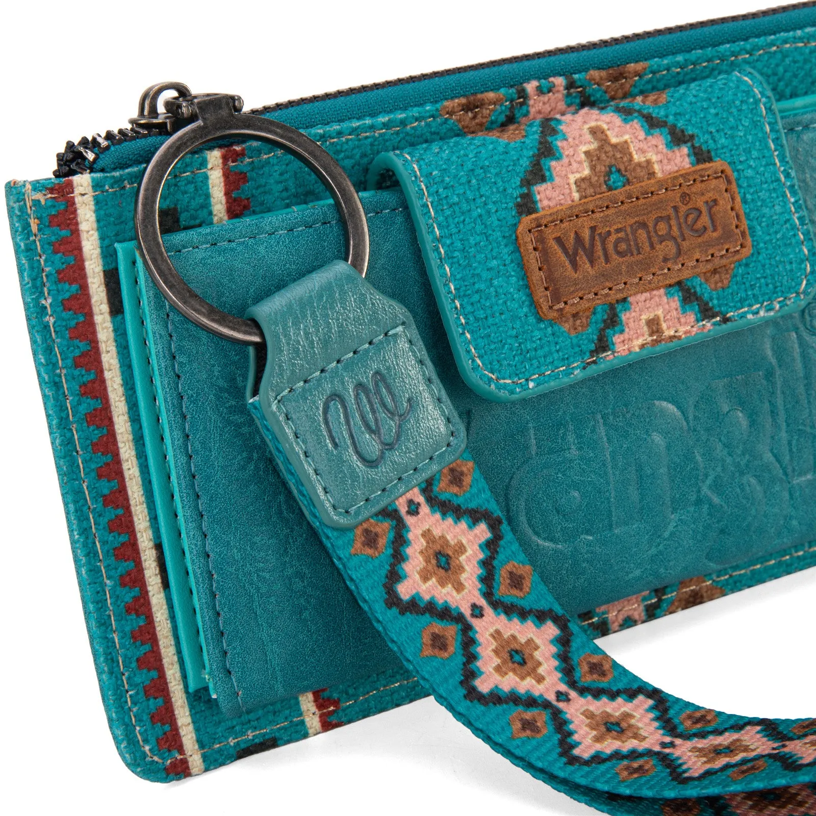 WG139-W013 Wrangler Aztec Print Bi-Fold Wallet Wristlet - Dark Turquoise