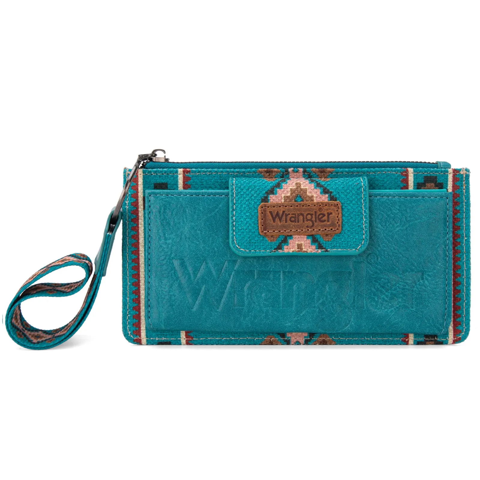 WG139-W013 Wrangler Aztec Print Bi-Fold Wallet Wristlet - Dark Turquoise