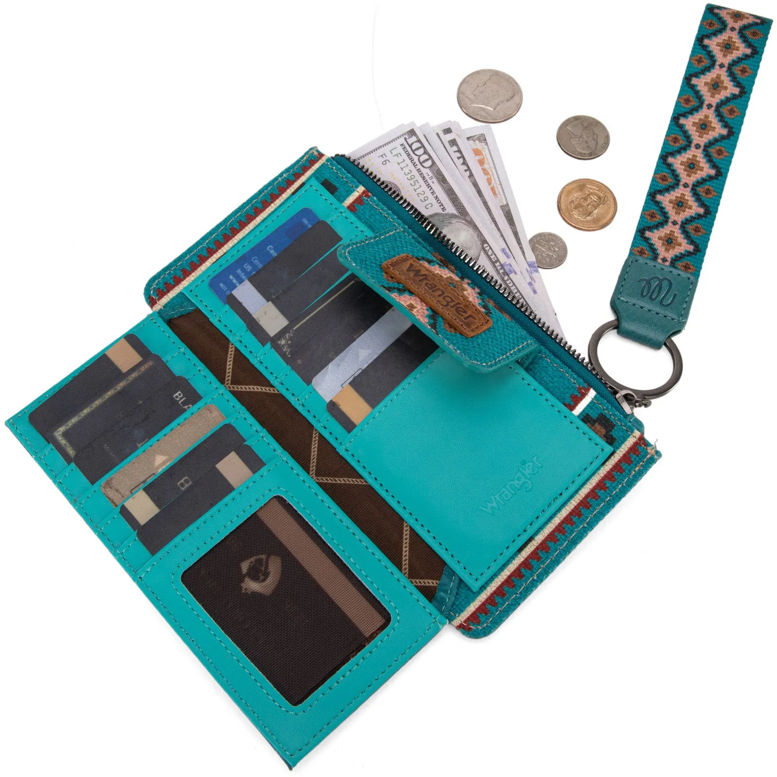 WG139-W013 Wrangler Aztec Print Bi-Fold Wallet Wristlet - Dark Turquoise