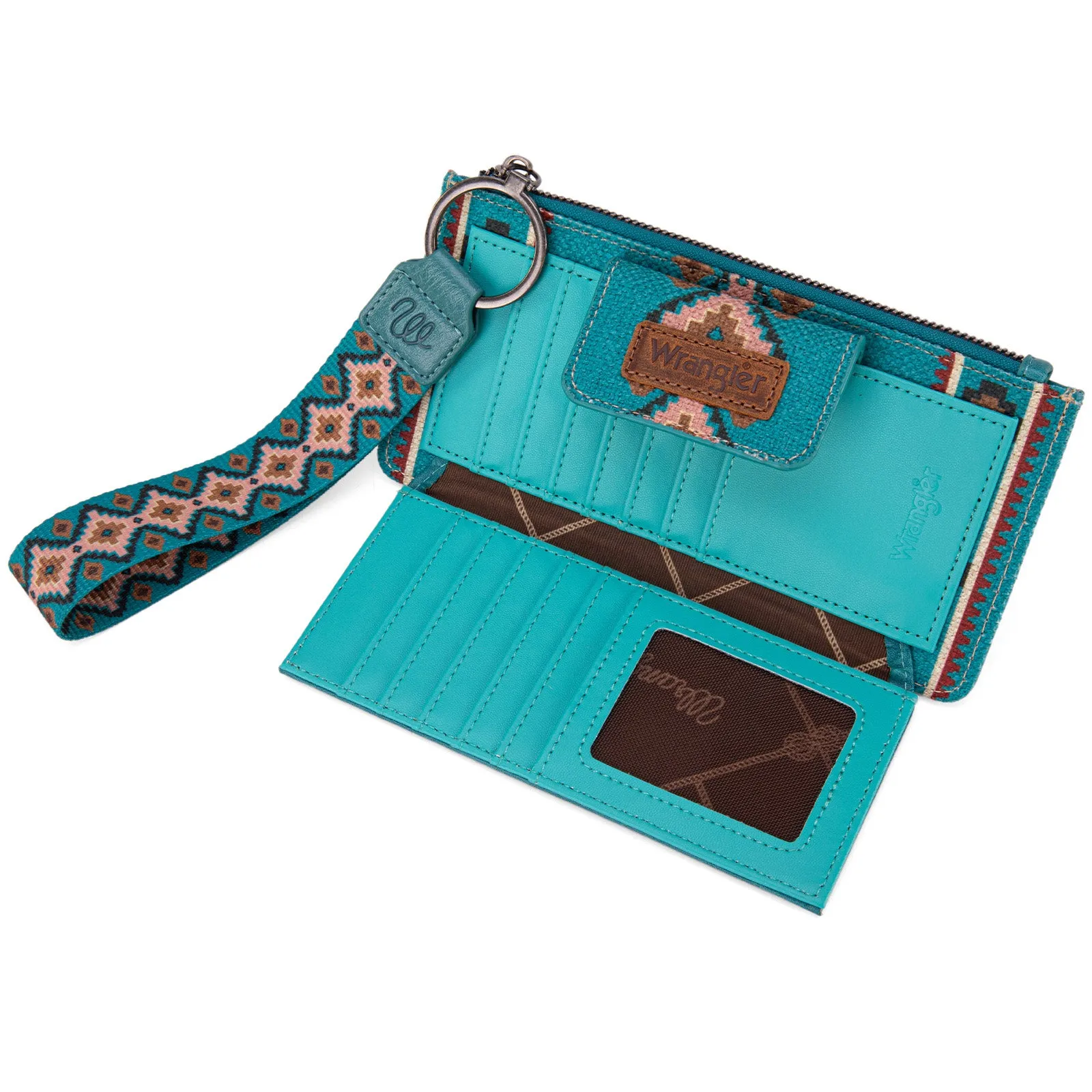 WG139-W013 Wrangler Aztec Print Bi-Fold Wallet Wristlet - Dark Turquoise