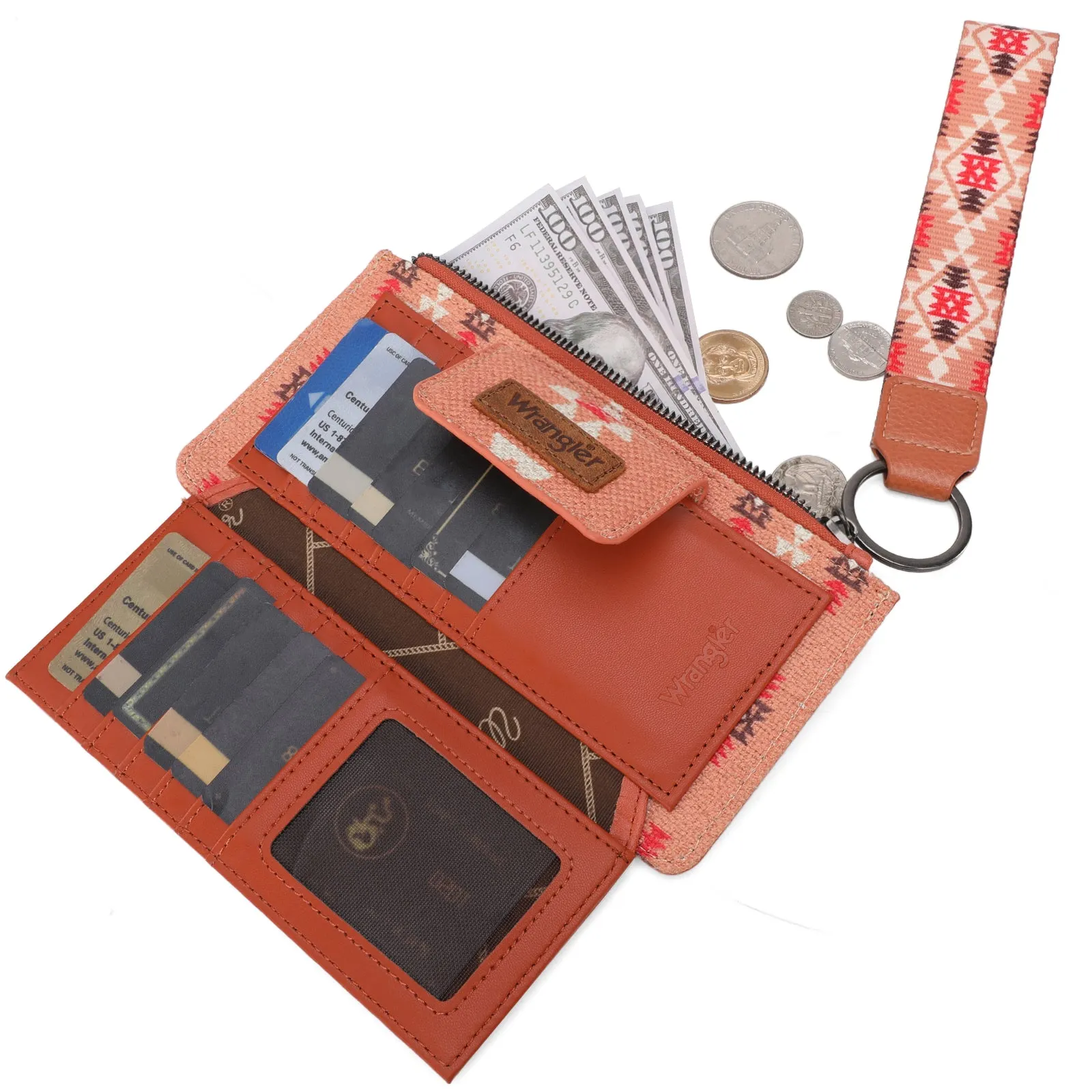 WG139-W013 Wrangler Aztec Print Bi-Fold Wallet Wristlet - Orange