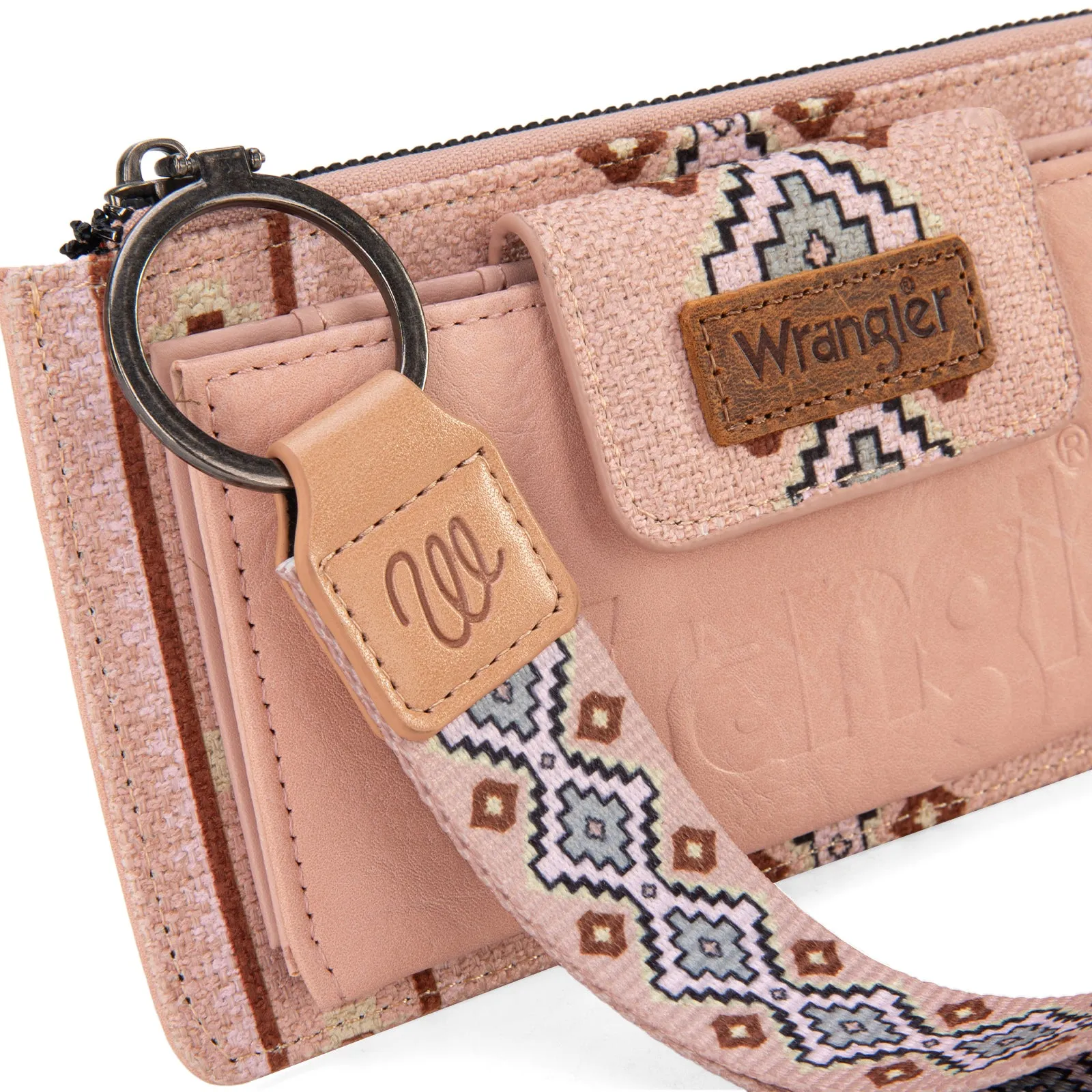 WG139-W013 Wrangler Aztec Print Bi-Fold Wallet Wristlet - Pink