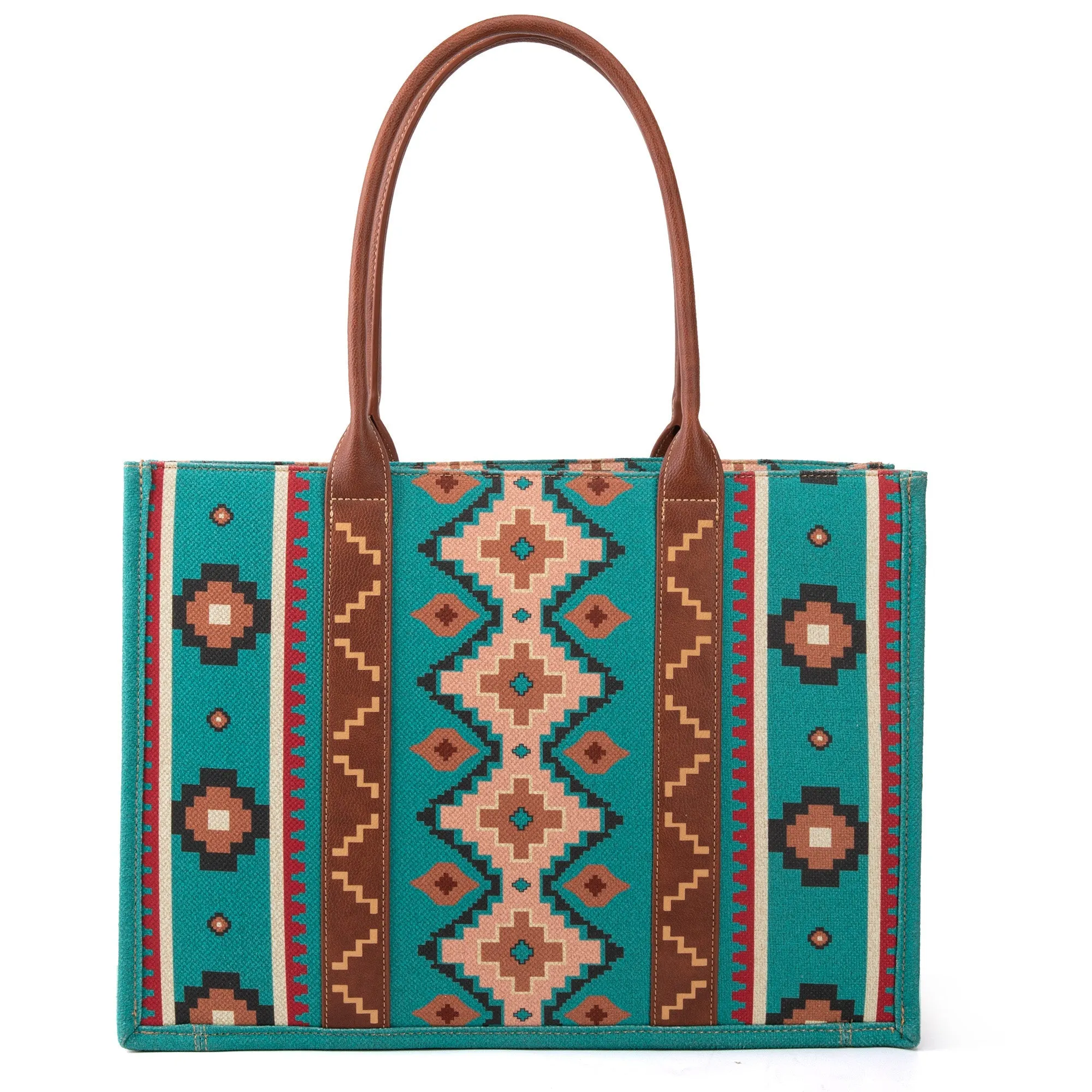 WG2203-8119 Wrangler Southwestern Pattern Dual Sided Print Canvas Wide Tote Turquoise