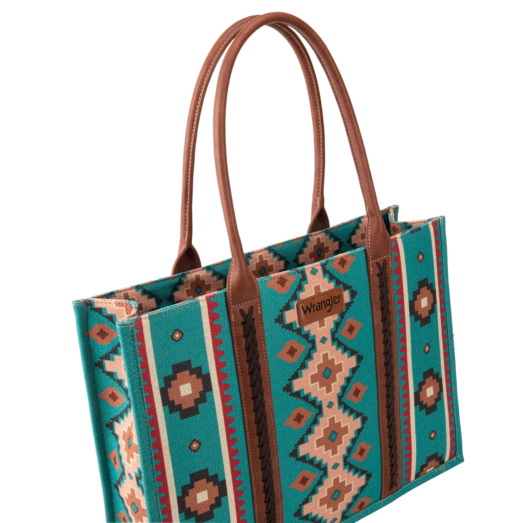 WG2203-8119 Wrangler Southwestern Pattern Dual Sided Print Canvas Wide Tote Turquoise