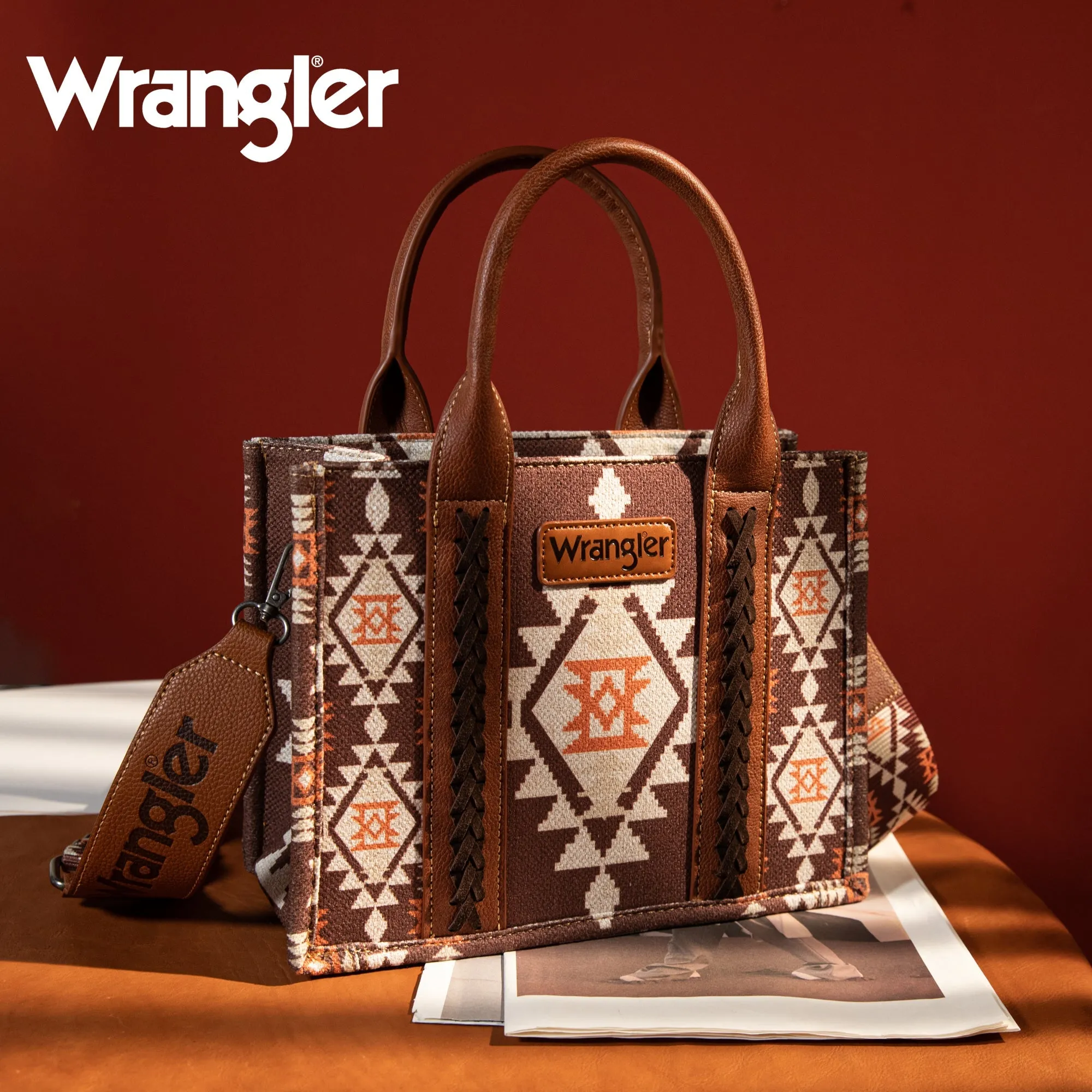 WG2203-8120S  Wrangler Southwestern  Print Small Canvas Tote/Crossbody - Coffee