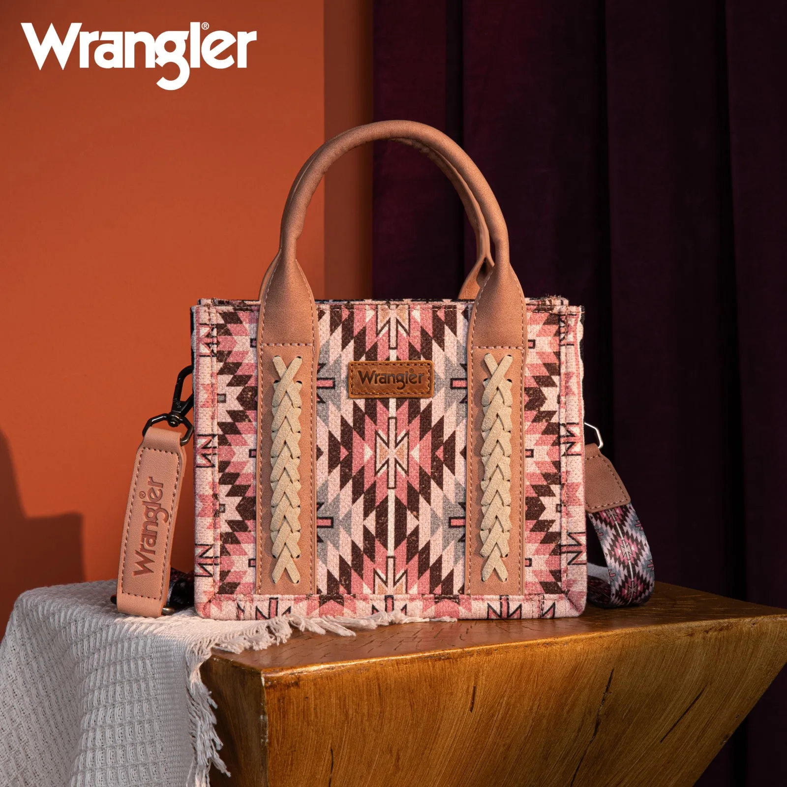 WG2213-8866S  Wrangler Southwestern Pattern Dual Sided Print Mini Tote/Crossbody - DARK PINK