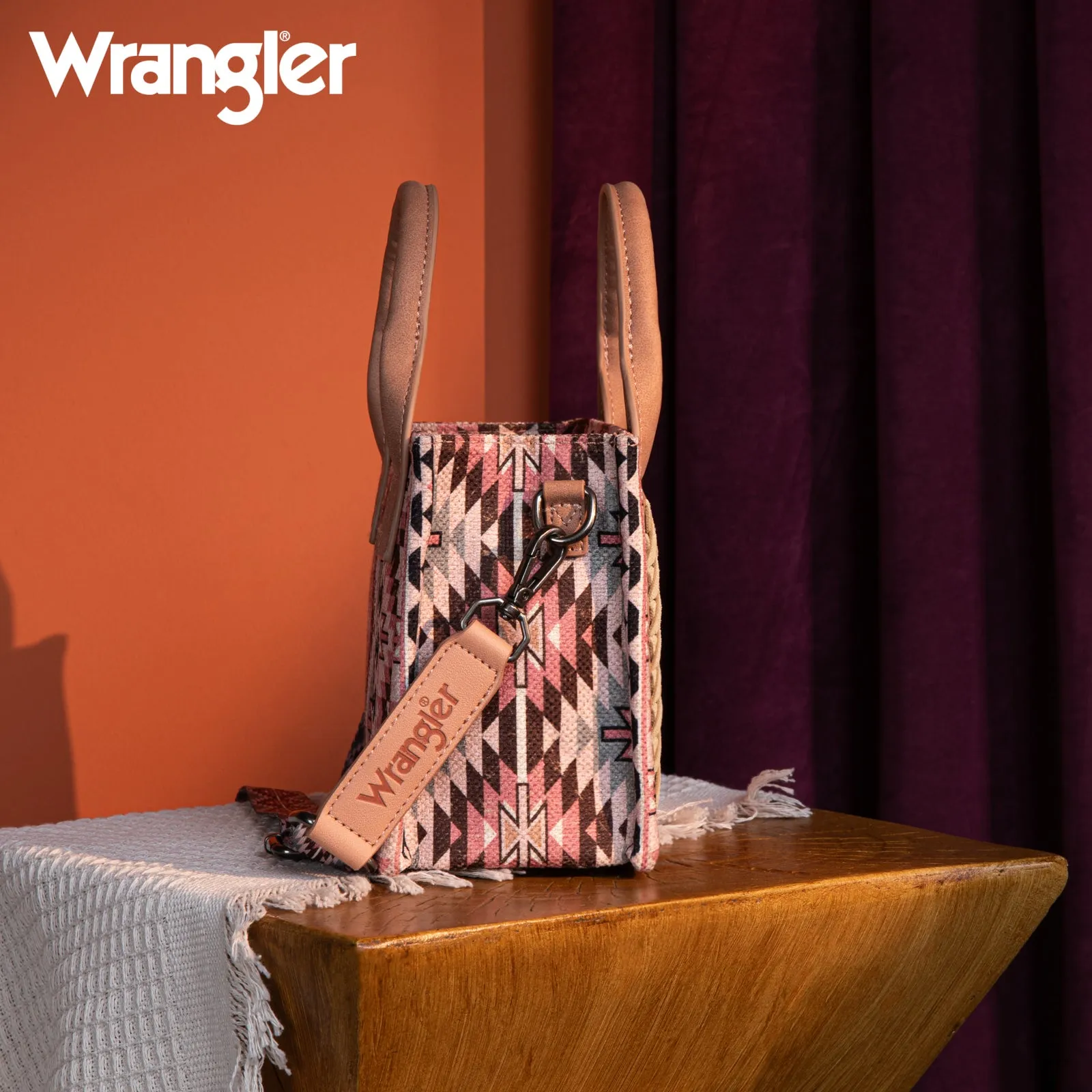 WG2213-8866S  Wrangler Southwestern Pattern Dual Sided Print Mini Tote/Crossbody - DARK PINK