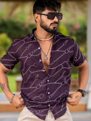 Wine Embroidered  Linen Blend Half Sleeve Shirt