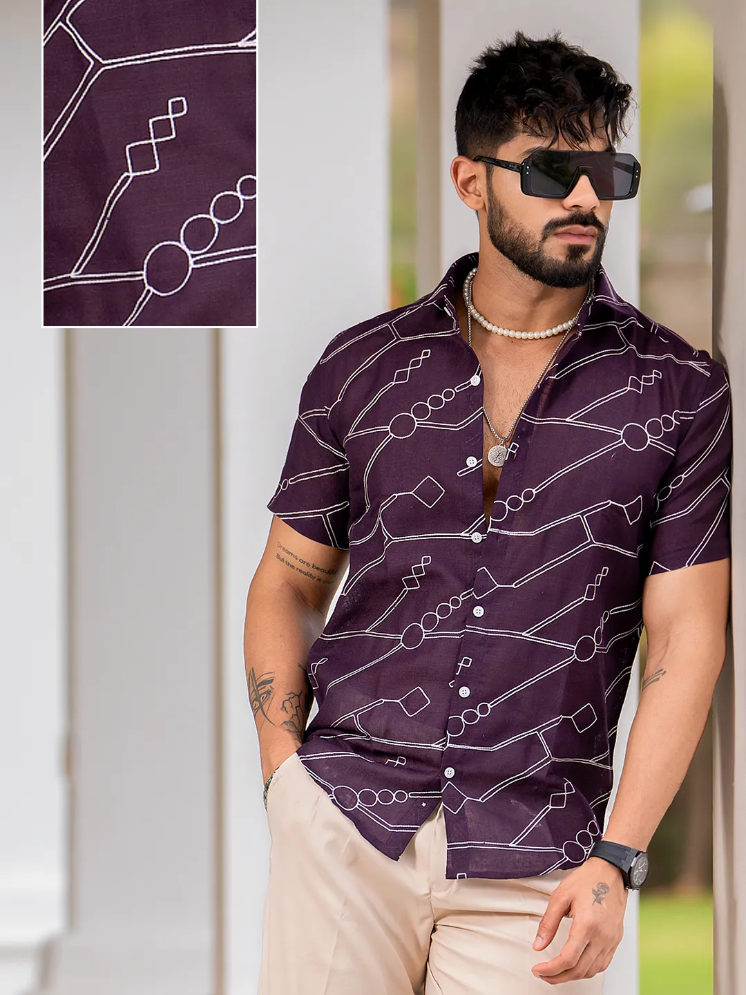 Wine Embroidered  Linen Blend Half Sleeve Shirt