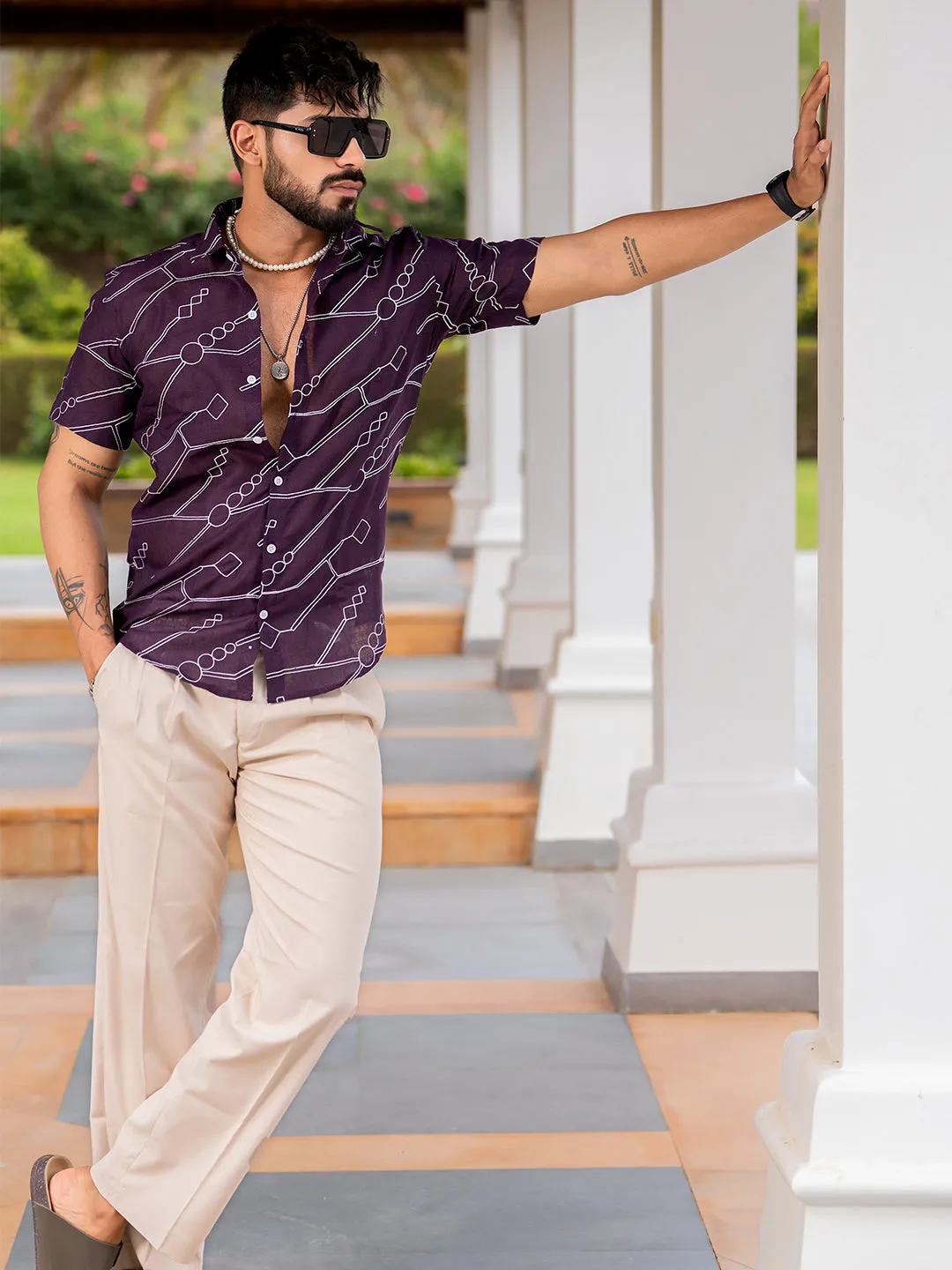 Wine Embroidered  Linen Blend Half Sleeve Shirt