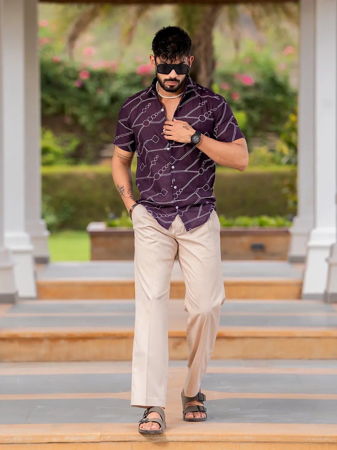 Wine Embroidered  Linen Blend Half Sleeve Shirt