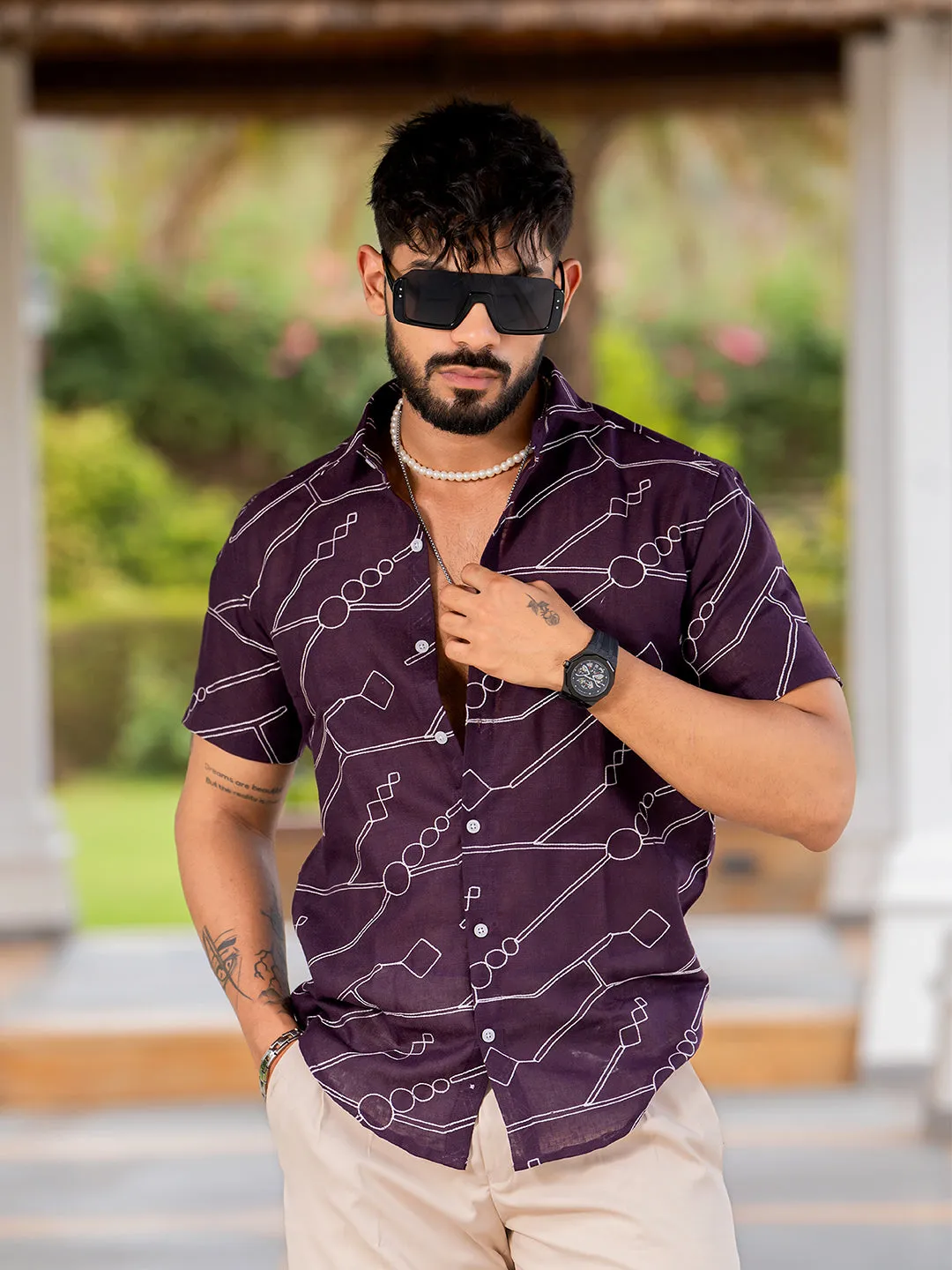 Wine Embroidered  Linen Blend Half Sleeve Shirt