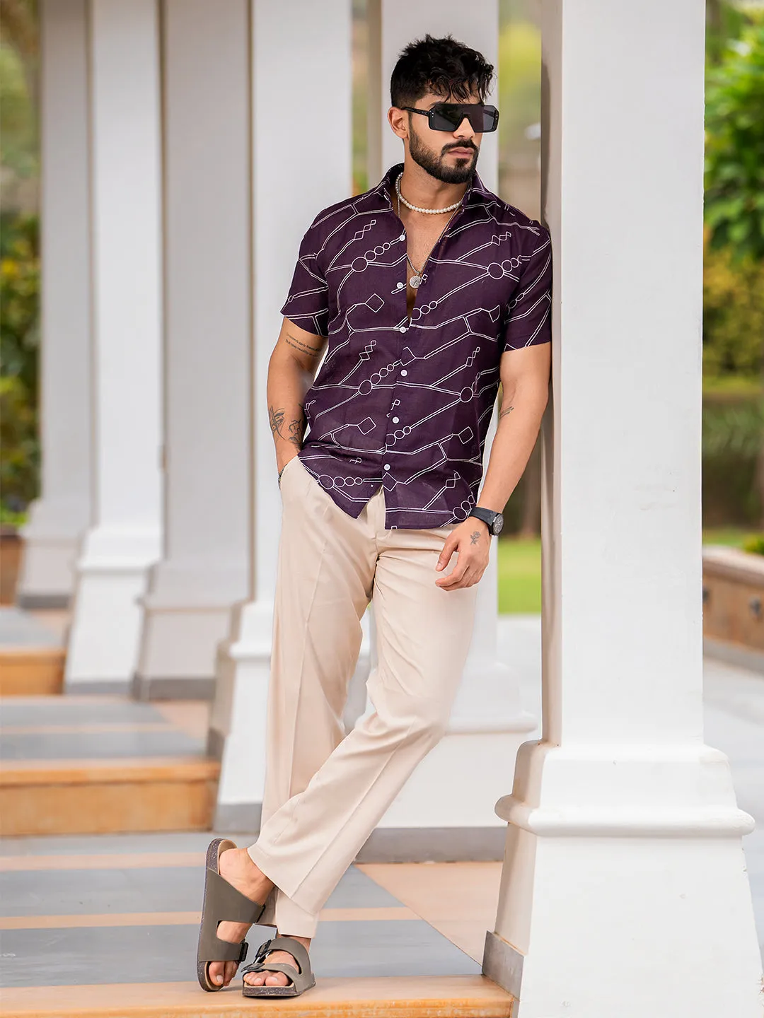 Wine Embroidered  Linen Blend Half Sleeve Shirt