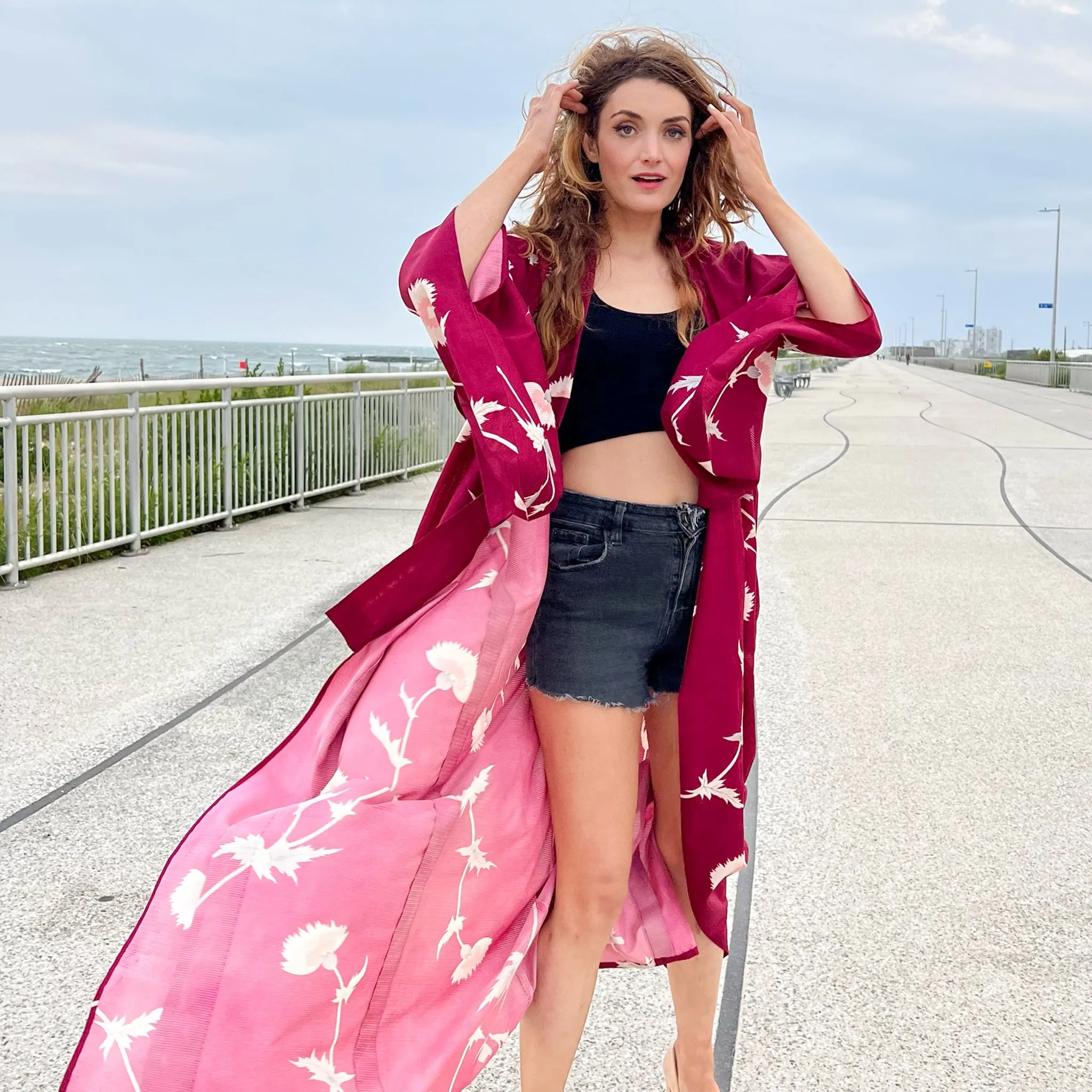 Wine Red Dandelion Summer Kimono