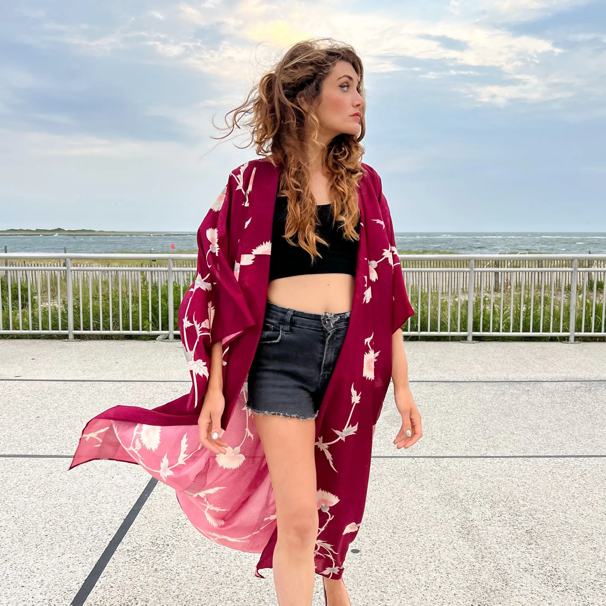Wine Red Dandelion Summer Kimono