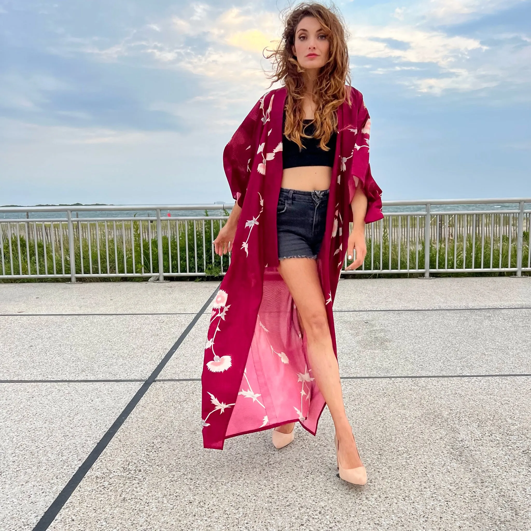 Wine Red Dandelion Summer Kimono