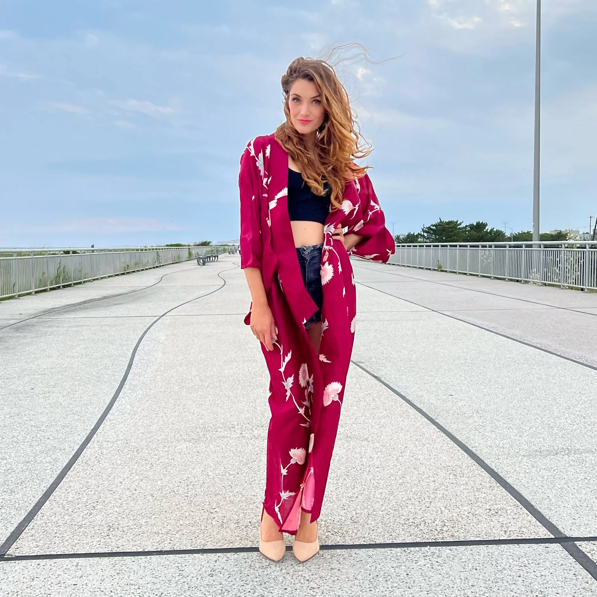 Wine Red Dandelion Summer Kimono