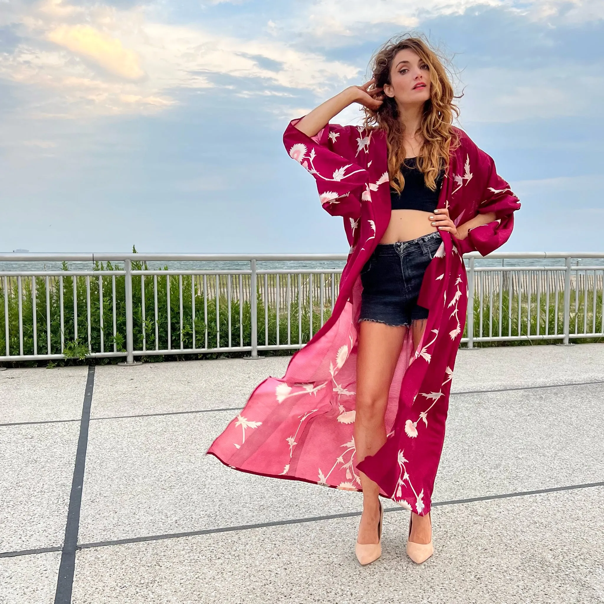 Wine Red Dandelion Summer Kimono