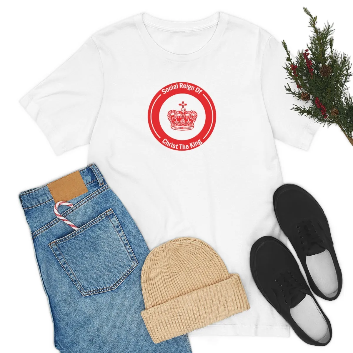 Woman's Christian Catholic Religious Christ the King Crown Red Jersey Short Sleeve Tee