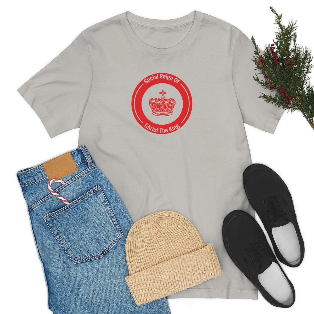 Woman's Christian Catholic Religious Christ the King Crown Red Jersey Short Sleeve Tee