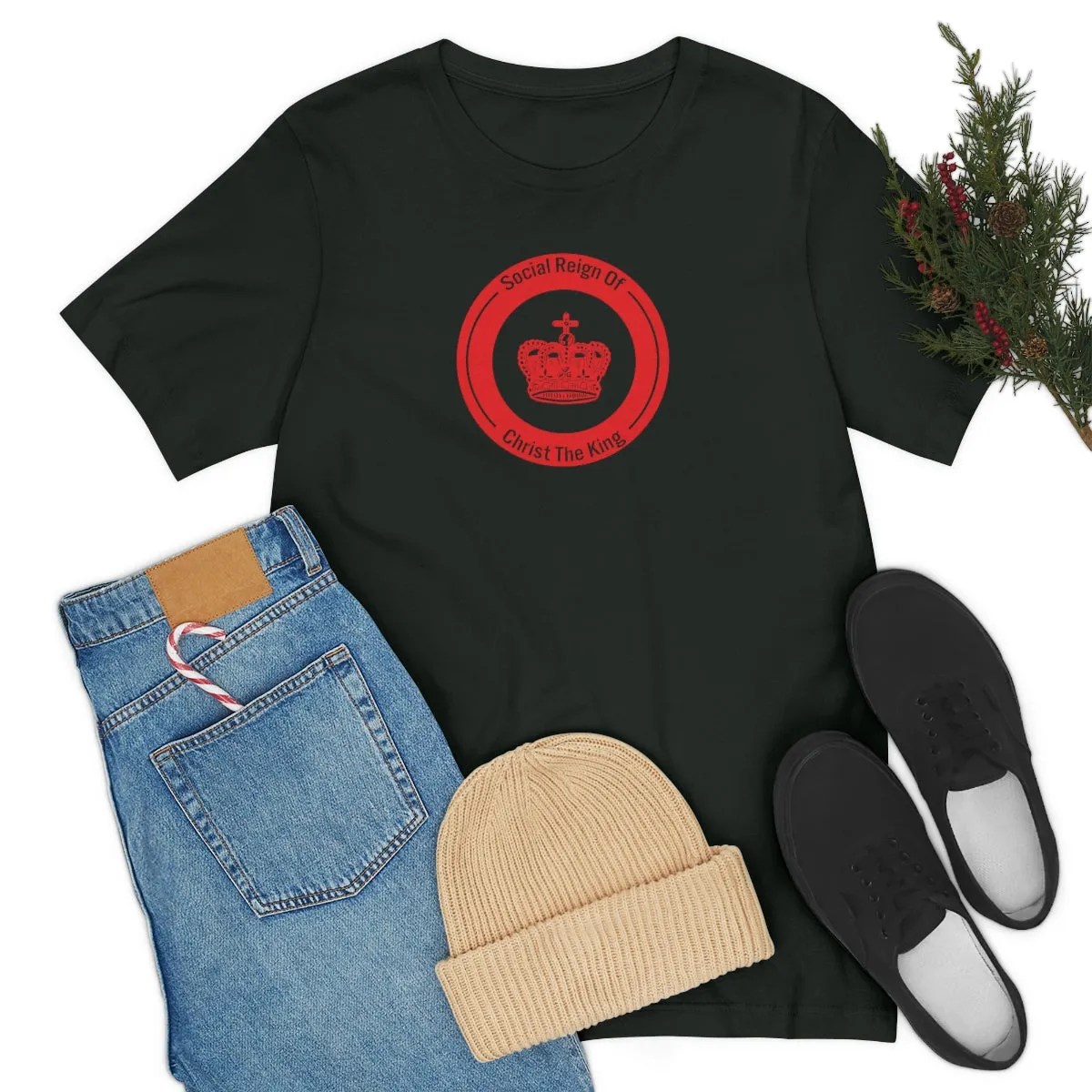 Woman's Christian Catholic Religious Christ the King Crown Red Jersey Short Sleeve Tee