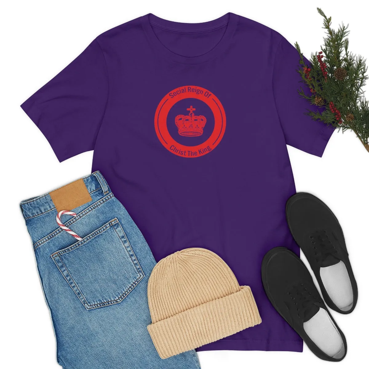 Woman's Christian Catholic Religious Christ the King Crown Red Jersey Short Sleeve Tee