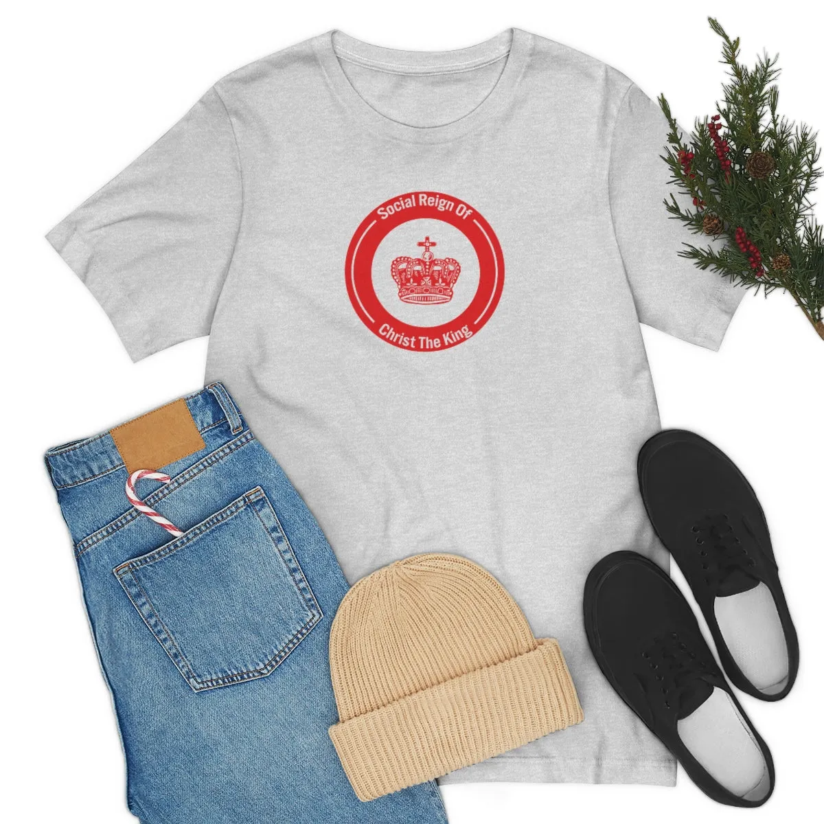 Woman's Christian Catholic Religious Christ the King Crown Red Jersey Short Sleeve Tee