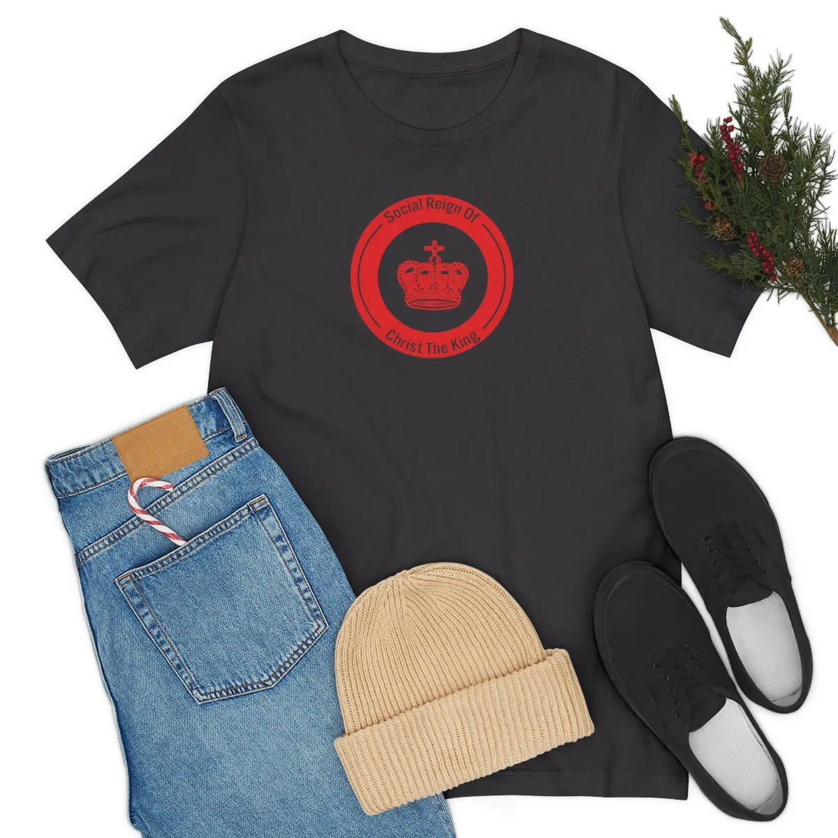 Woman's Christian Catholic Religious Christ the King Crown Red Jersey Short Sleeve Tee