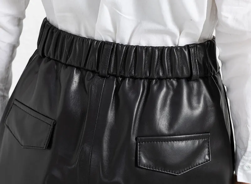 Women Leather Shorts High Waist Leather Sheepskin Wide Leg Solid Pants Fashion 2022 New SY3995