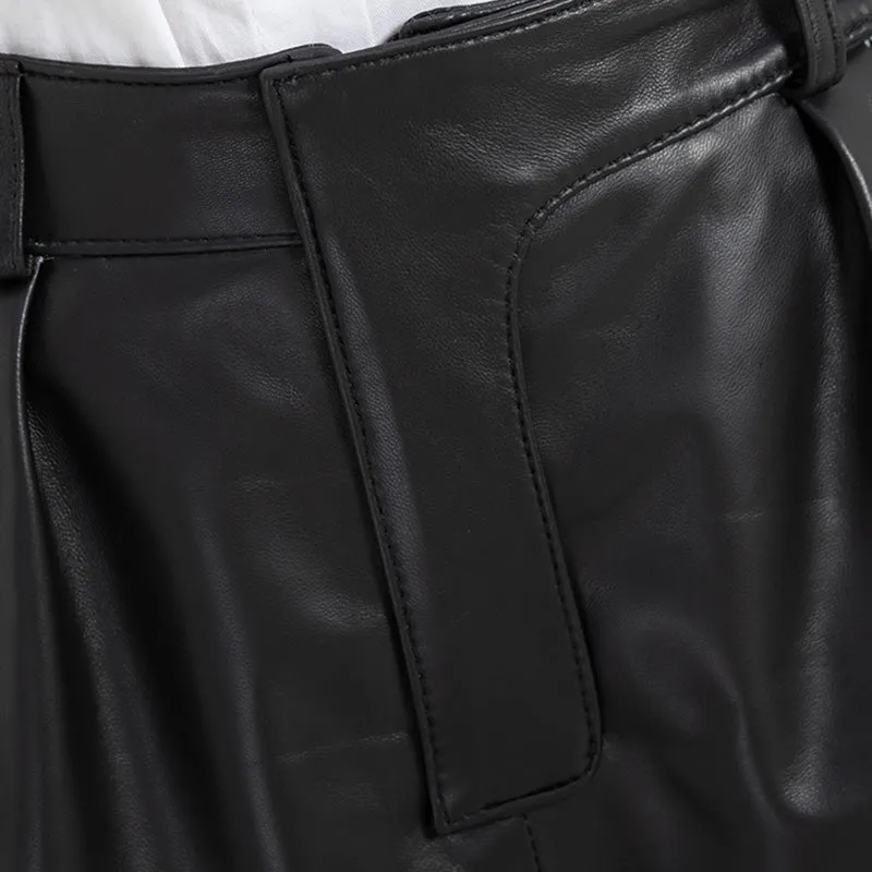 Women Leather Shorts High Waist Leather Sheepskin Wide Leg Solid Pants Fashion 2022 New SY3995