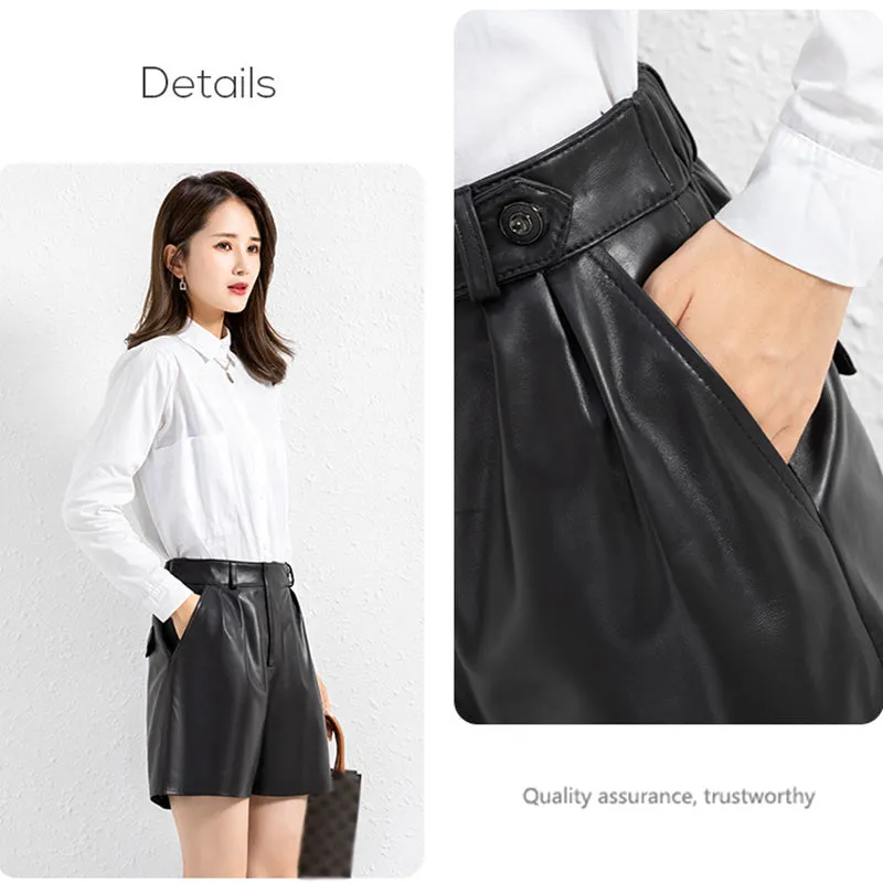 Women Leather Shorts High Waist Leather Sheepskin Wide Leg Solid Pants Fashion 2022 New SY3995