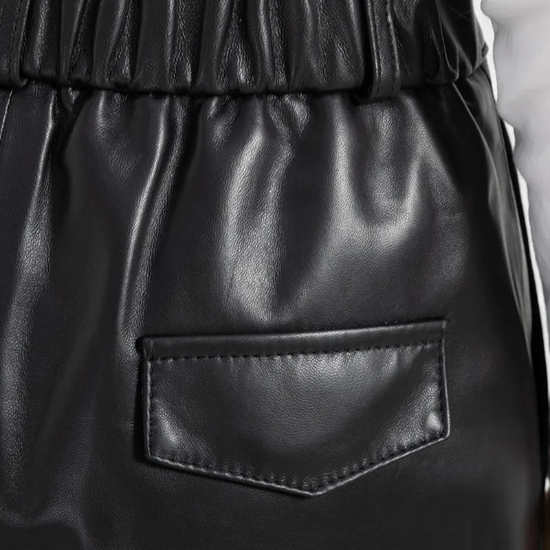 Women Leather Shorts High Waist Leather Sheepskin Wide Leg Solid Pants Fashion 2022 New SY3995