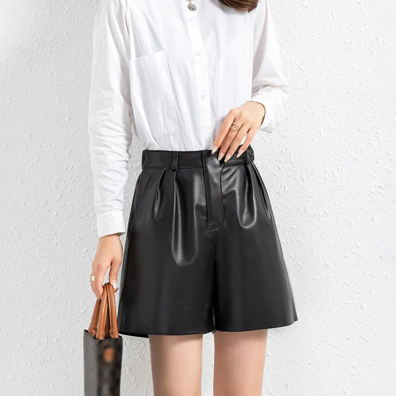 Women Leather Shorts High Waist Leather Sheepskin Wide Leg Solid Pants Fashion 2022 New SY3995
