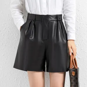 Women Leather Shorts High Waist Leather Sheepskin Wide Leg Solid Pants Fashion 2022 New SY3995