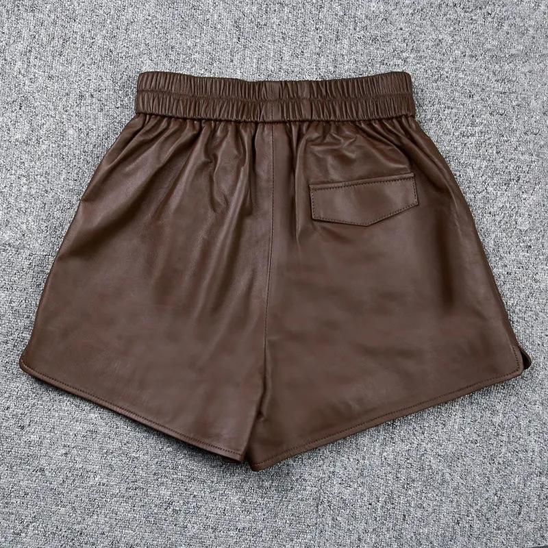 Women Shorts Leather High Waist Wide Leg Sheepskin Leather Pants 2022 Autumn Winter New Elastic Waist Metal Button Design TF4790