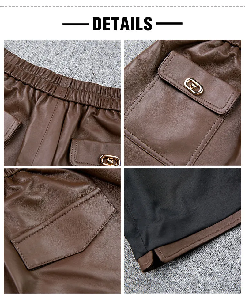 Women Shorts Leather High Waist Wide Leg Sheepskin Leather Pants 2022 Autumn Winter New Elastic Waist Metal Button Design TF4790