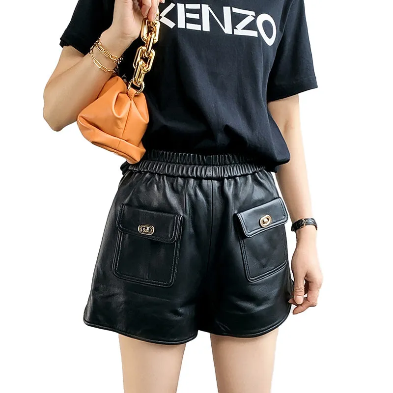 Women Shorts Leather High Waist Wide Leg Sheepskin Leather Pants 2022 Autumn Winter New Elastic Waist Metal Button Design TF4790