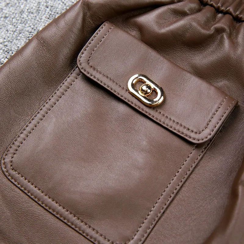 Women Shorts Leather High Waist Wide Leg Sheepskin Leather Pants 2022 Autumn Winter New Elastic Waist Metal Button Design TF4790