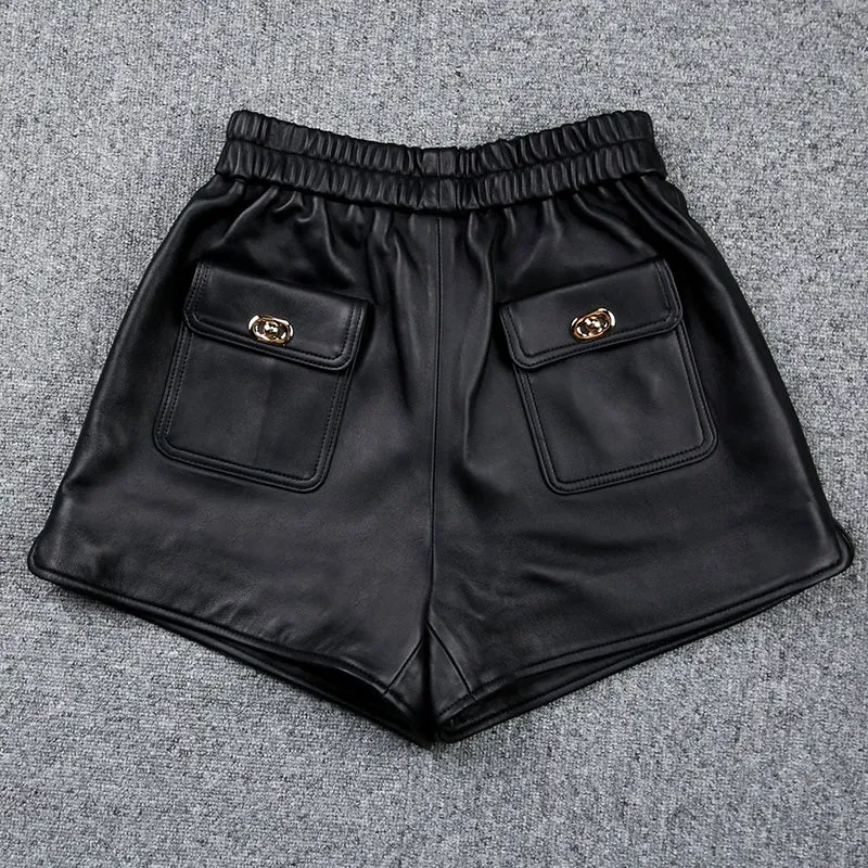Women Shorts Leather High Waist Wide Leg Sheepskin Leather Pants 2022 Autumn Winter New Elastic Waist Metal Button Design TF4790