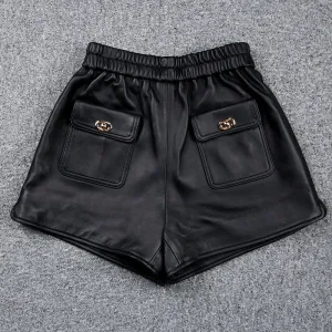 Women Shorts Leather High Waist Wide Leg Sheepskin Leather Pants 2022 Autumn Winter New Elastic Waist Metal Button Design TF4790