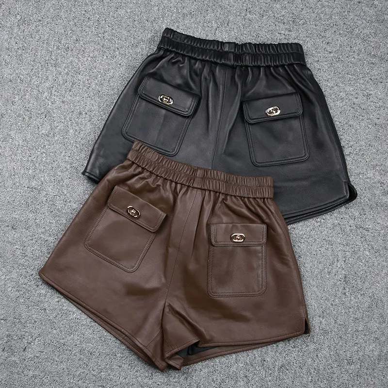 Women Shorts Leather High Waist Wide Leg Sheepskin Leather Pants 2022 Autumn Winter New Elastic Waist Metal Button Design TF4790