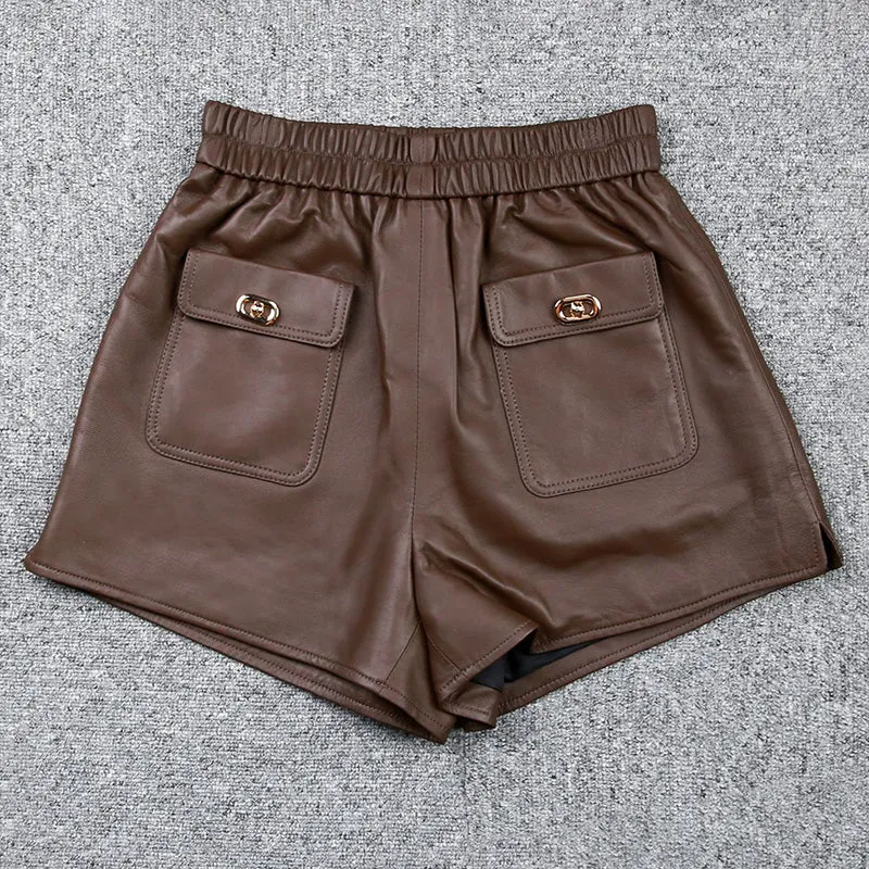 Women Shorts Leather High Waist Wide Leg Sheepskin Leather Pants 2022 Autumn Winter New Elastic Waist Metal Button Design TF4790